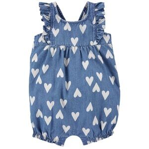 💙 NWOT Carter’s Baby Girl Heart Chambray Romper - 12M 💙